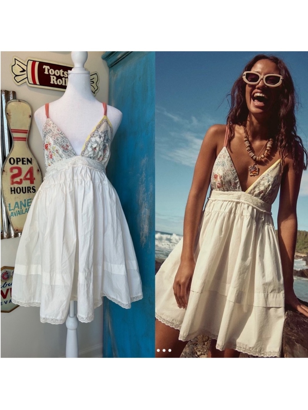 Free People White Floral Appliqué V-Neck Sundress with Spaghetti Straps size Lar